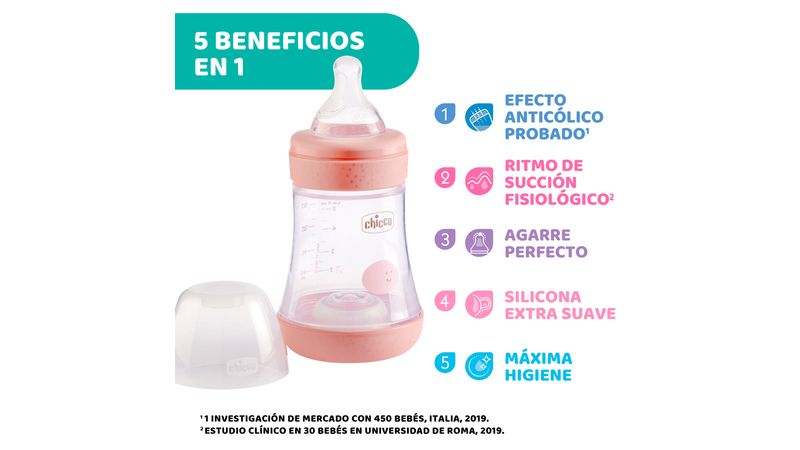 Chicco Biberón Perfect 5 efecto anticólico silicona 0m+ rosa 150 ml.